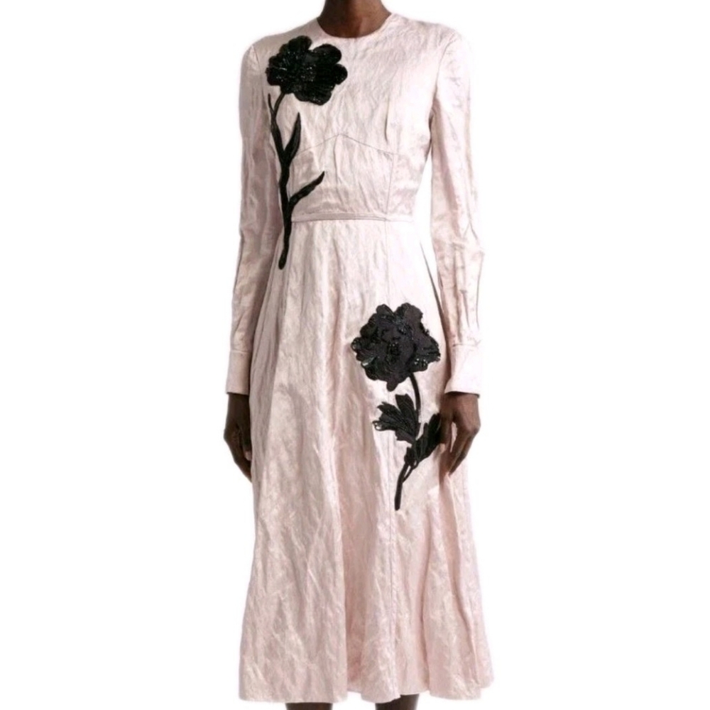 Erdem Size 0 Pale Pink Long Sleeve Rumpled Satin Midi Dress MSRP $3695